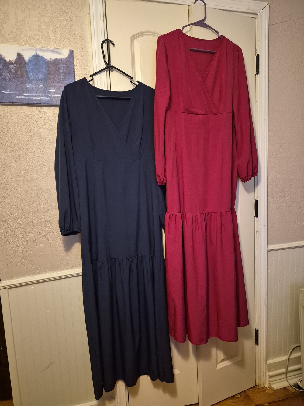 Long Sleeve V-Neck Maxi Dress in Navy and Pink